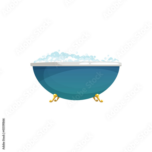 Blue round bathtub on golden legs isolated home toilet room furniture equipment. Vector cartoon bathroom basin, spa shower sign, bathtub with soap and bubbles. Water with shampoo, mousse washing gel