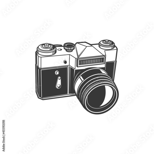 Analog photocamera isolated photo shooting device isolated monochrome icon. Vector photographer instrument, photo-camera photography symbol. Vintage cam with folding lens or object-glass, buttons