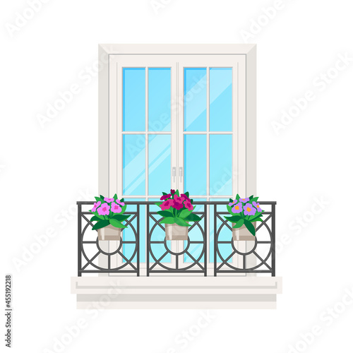 Balcony of house, window facade with building apartment banister, vector flat icon. Vintage or modern balcony porch with glass window and flowers on wrought lattice, villa veranda and hotel terrace
