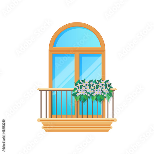 Balcony with window and fence railing or banister, vector building architecture house facade. Balcony arch glass window with flowers on classic old wrought iron lattice and flowers on porch