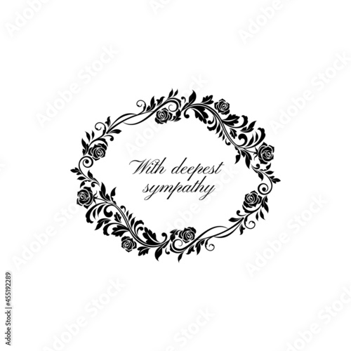 Funeral lettering with deepest sympathy isolated round frame. Vector memorial text on tombstone mockup. Vintage funerary condolence memory inscription, branches, flowers and leaves, floral ornament