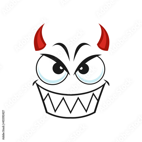 Emoticon demon with toothy smile and red horns isolated icon. Vector devil emoji, cartoon character creation from hell. Comic negative smiley, angry symbol of evil, funny satana scary monster