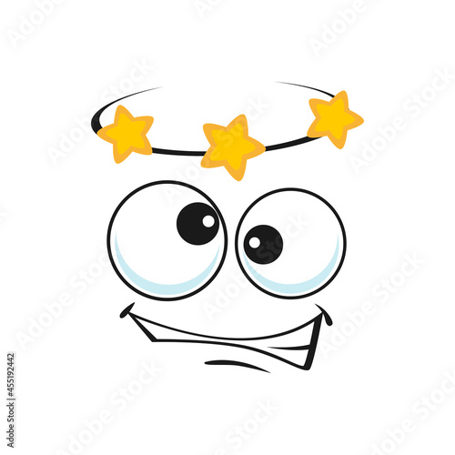 Dizzy emoji showing stars over head isolated icon. Vector emoticon face with crazy eyes, stars circling over head as confusion or disorientation sign. Disoriented silly emoji, crazy emoticon symbol