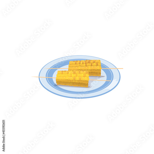 Grilled, baked, cooked corn or corncobs on stick isolated traditional mexican cuisine food on plate. Vector traditional spanish or cuban dish, salted bbq elote, tex mex dinner. Barbeque snack