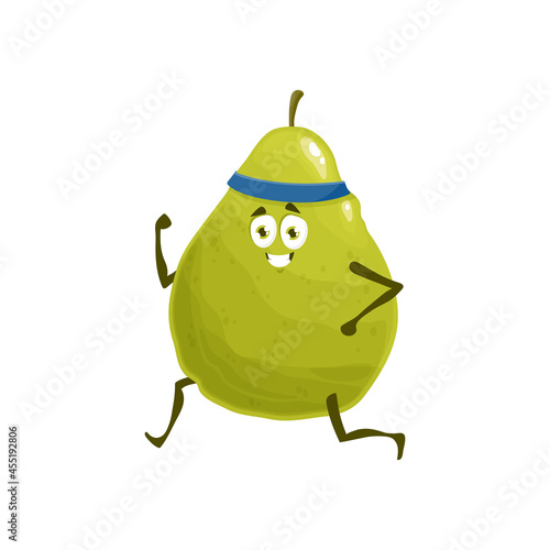 Pear fruit jogging, healthy food sport and fitness activity, vector cartoon character. Pear fruit running or jogging on workout training, natural organic food and vitamin nutrition