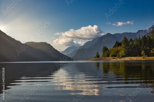 Forest and mountain landscape along Campbell River, Campbell River, Vancouver Island, British Colombia, Bc