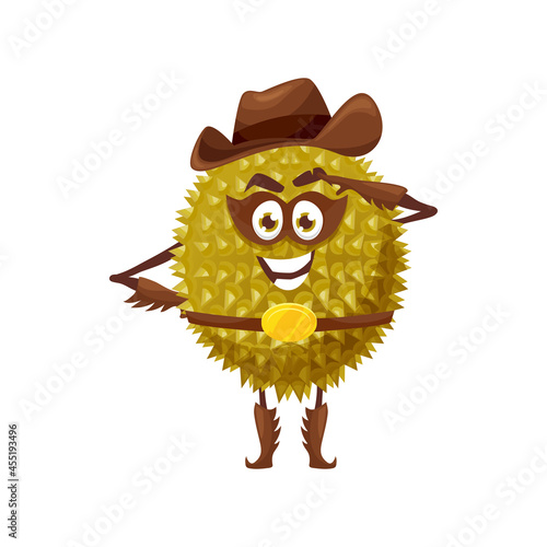 Durian fruit superhero cartoon character, vector tropical fruit in super hero costume and mask. Durian fruit as sheriff in cowboy hat with police star badge, food superhero