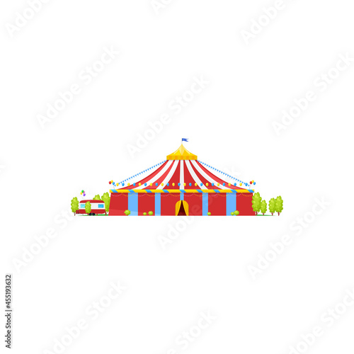 Striped circus tent isolated entertainment building exterior design. Vector facade of big top circus, trailers and trees. Red marquee with flag on top, amusement awning of traveling circus chapiteau