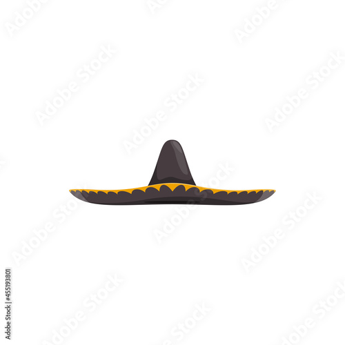 Mexican sombrero hat vector icon, Spanish headwear for Mexico cinco de mayo festival. Isolated cartoon black festive costume cap for celebration with traditional yellow wavy ornament and tall crown