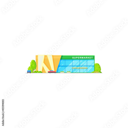 Supermarket mall building, store flat icon, vector city shop, front outdoor view. Supermarket exterior with car parking on street, hypermarket big grocery entrance, business and shopping architecture