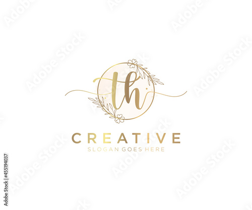 initial TH Feminine logo beauty monogram and elegant logo design, handwriting logo of initial signature, wedding, fashion, floral and botanical with creative template.