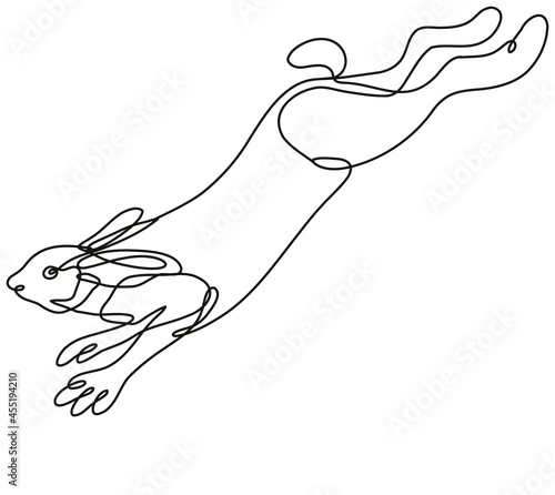 Continuous line drawing illustration of a snowshoe hare, varying hare or snowshoe rabbit jumping side view done in mono line or doodle style in black and white on isolated background. 