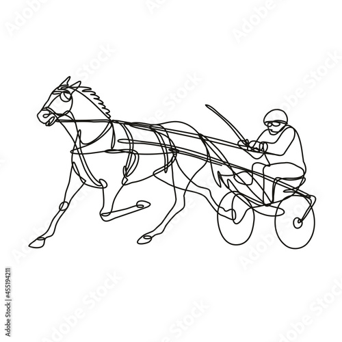 Continuous line drawing illustration of a jockey and horse harness racing side view done in mono line or doodle style in black and white on isolated background. 