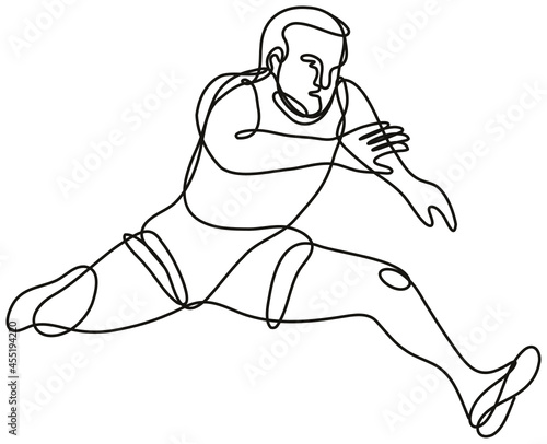 Continuous line drawing illustration of a track and field athlete jumping hurdle done in mono line or doodle style in black and white on isolated background. 