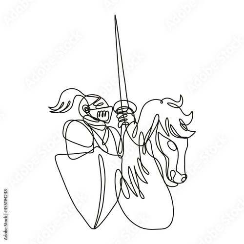 Continuous line drawing illustration of a knight with lance and shield riding stead done in mono line or doodle style in black and white on isolated background.  photo