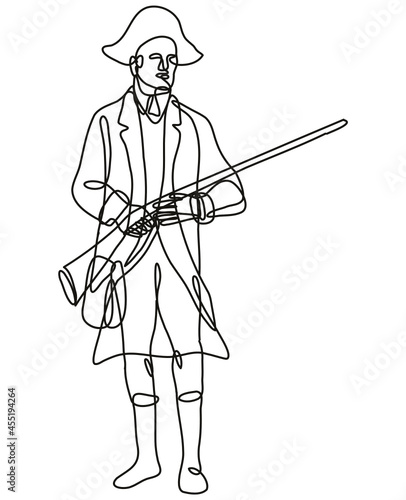 Continuous line drawing illustration of an American Patriot Revolutionary Soldier with Musket Rifle Front View   done in mono line or doodle style in black and white on isolated background. 