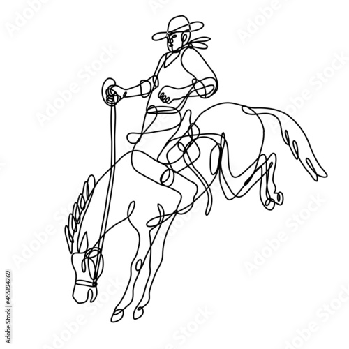 Continuous line drawing illustration of a rodeo cowboy riding bucking bronco side view  done in mono line or doodle style in black and white on isolated background. 