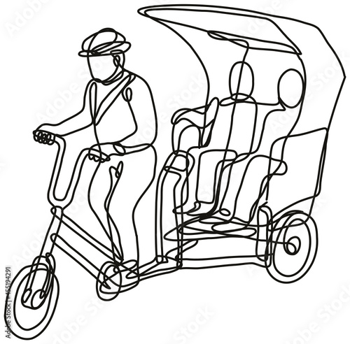 Continuous line drawing illustration of a toktok tok tok or 3 wheel tricycle bike done in mono line or doodle style in black and white on isolated background. 