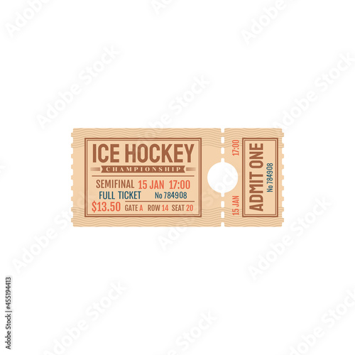 Paper ticket invitation on ice hockey game isolated ticket. Vector ice-hockey championship invitation, state tournament admits card. Semi Final full ticket on ice arena, price, date and gate, seat