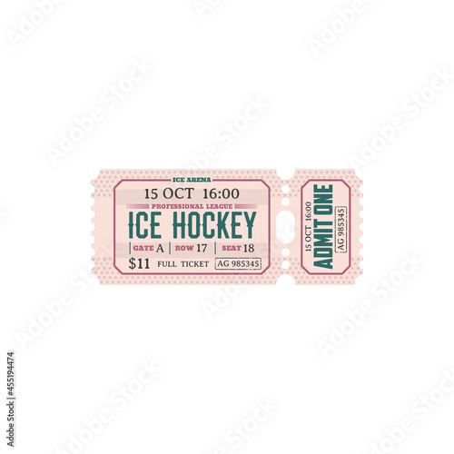 Retro ticket invitation on winter sport event on city arena, team game. Vector admit one on ice-hockey championship, gate and seat, time and date mention. Full Ticket on professional league play