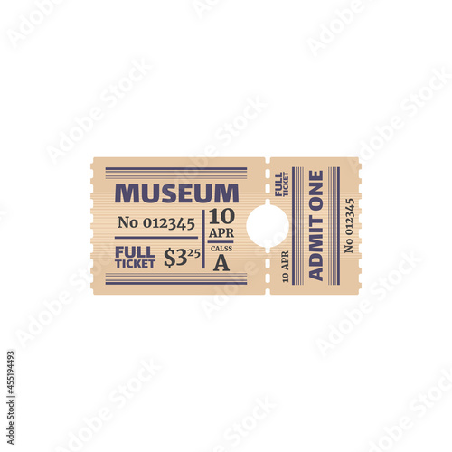 Ticket to museum, numbered paper card with price, date and class. Vector raffle coupon, special voucher on excursion or exhibition. Admission to visit cultural event, admit on performance in museum