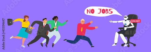 running business people looking for job robot humanoid sitting on office chair with vacant sign vector illustration