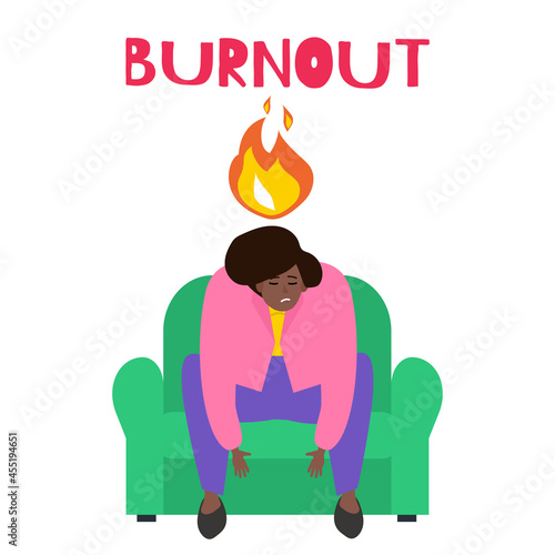 burnout syndrome tired exhausted african american businesswoman sitting on the chair mental health vector illustration