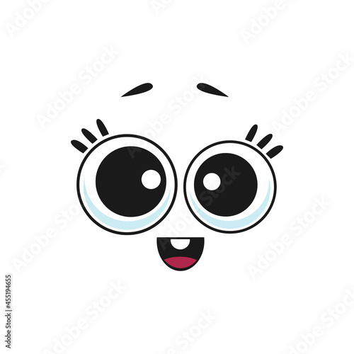 Cartoon fascinated face isolated vector delighted smile facial emoji, funny kawaii character. Happy emotion, comic face with smiling mouth and round eyes with eyelashes and huge pupils