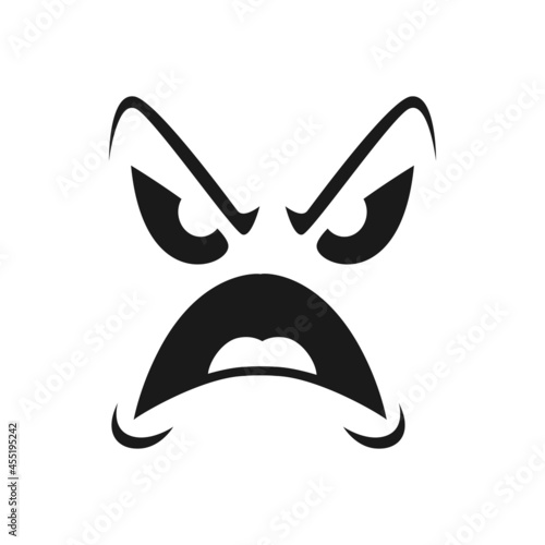 Halloween face vector icon, monster emotion, screaming scary evil emoji with grin creepy eyes, frowned eyebrows and open mouth with tongue. Ghost or alien isolated monochrome sign