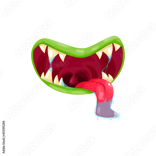 Monster mouth vector icon, creepy jaws with slobbering long tongue and sharp yellow teeth. Halloween creature, alien or devil roar maw with green lips isolated on white background