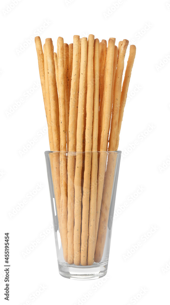 Delicious grissini sticks in glass on white background