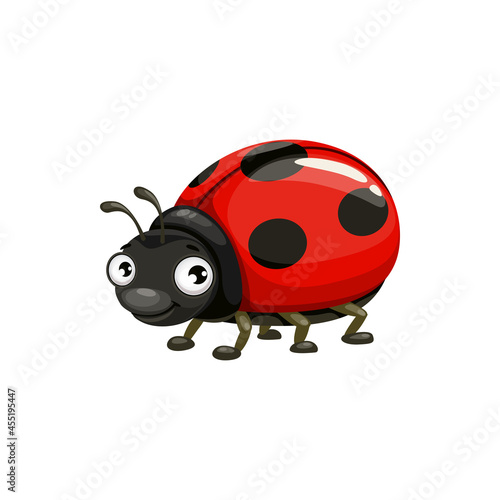 Cartoon ladybug vector icon, funny insect with cute face and big eyes. Pest control service mascot, design element. Wild creature, bug isolated on white background