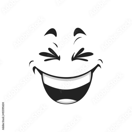 Laughing smiley with eyes winked of joy isolated face. Vector emoticon with broad kind smile and blinked eyes. Satisfied avatar expression, comic head with blinked eyes funny joke sign chatboat emblem