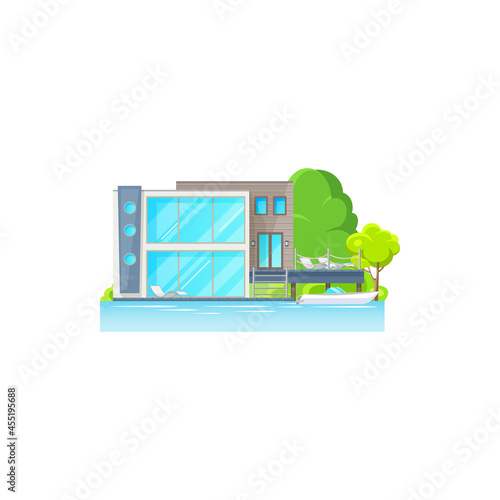 Beach house with lounge zone, chaise longue on deck, boat in sea or ocean isolated. Vector villa or cottage on water, seashore bungalow real estate building. Home on tropical island, green trees