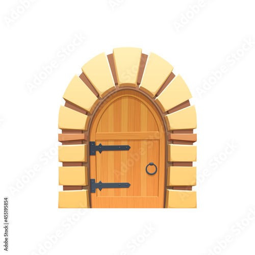 Cartoon door or gates vector icon, wooden and stone medieval or fairytale arched entry. Palace or castle exterior design element with forged hinges and ring knob