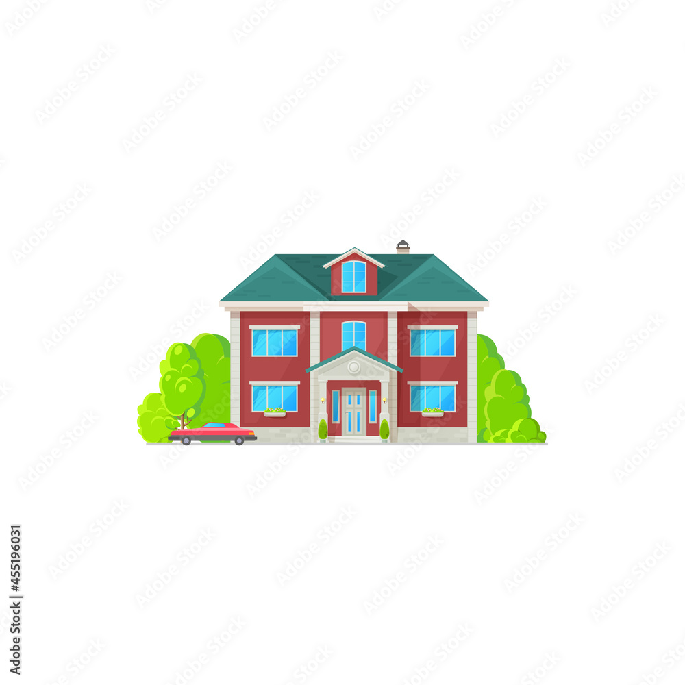 House country dwelling outdoor facade with parked retro coupe car isolated. Vector modern villa, townhouse residence, chimney pipes on roof. Suburban house with panoramic windows, green trees