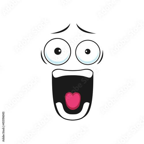 Loudly screaming emoji face, shocked emoticon in bad mood isolated scared face expression. Vector frightened horror face expression crazy screaming emoticon, shouting smiley with wide open mouth