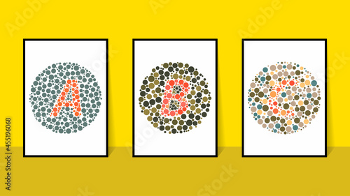 vector graphic of color blind Test. Ishihara Test daltonism color blindness disease perception test letter A, B, C blindness test set.
