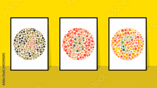 vector graphic of color blind Test. Ishihara Test daltonism color blindness disease perception test letter A, B, C blindness test set.