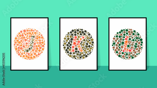 vector graphic of color blind Test. Ishihara Test daltonism color blindness disease perception test letter J, K and L blindness test set.