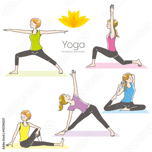 ヨガをする若い女性のイラストセット