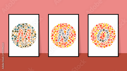 vector graphic of color blind Test. Ishihara Test daltonism color blindness disease perception test letter M, N and O blindness test set.