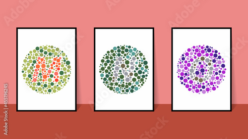 vector graphic of color blind Test. Ishihara Test daltonism color blindness disease perception test letter M, N and O blindness test set. photo