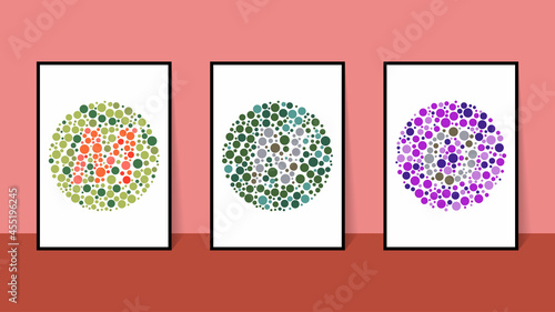 vector graphic of color blind Test. Ishihara Test daltonism color blindness disease perception test letter M, N and O blindness test set.