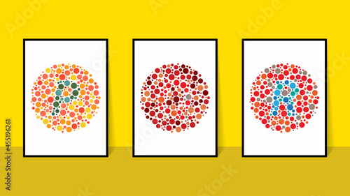 vector graphic of color blind Test. Ishihara Test daltonism color blindness disease perception test letter P, Q and R blindness test set.