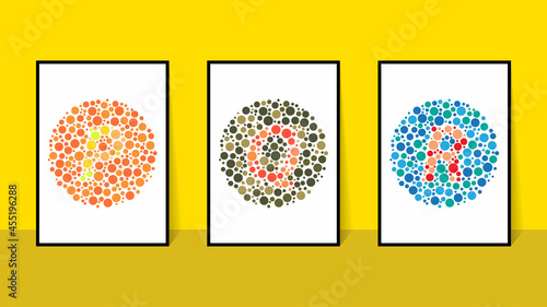 vector graphic of color blind Test. Ishihara Test daltonism color blindness disease perception test letter P, Q and R blindness test set.