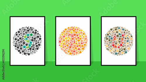vector graphic of color blind Test. Ishihara Test daltonism color blindness disease perception test letter S, T and U blindness test set.