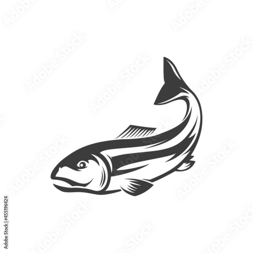 Trout, char, grayling and whitefish fishery sport trophy isolated monochrome icon. Vector fish underwater animal, salmon fishing sport mascot. Grayling whitefish, marine seafood animal sign