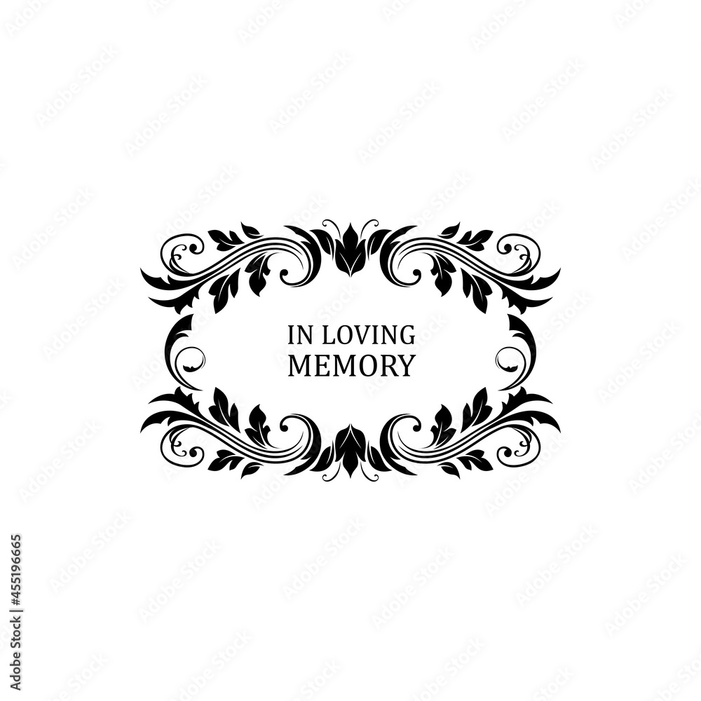 Funeral flowers wreath, condolence and death, vector floral frame ribbon. In loving memory, RIP funeral and obituary card or memorial mourning plaque with black flowers border