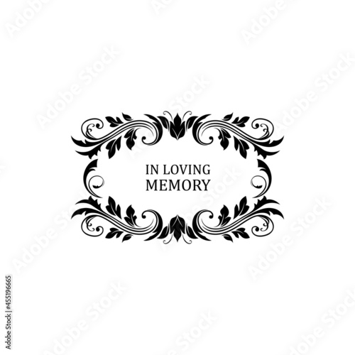 Funeral flowers wreath, condolence and death, vector floral frame ribbon. In loving memory, RIP funeral and obituary card or memorial mourning plaque with black flowers border